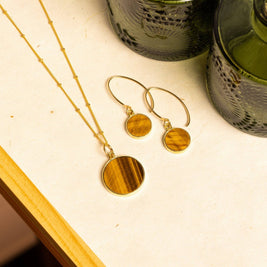 Tiger's Eye Round Circle Necklace and Earrings Set (Satellite Chain)
