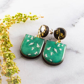 Green Japanese Crane Drop Post Earrings