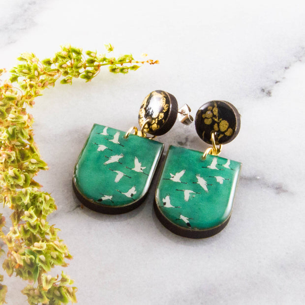 Green Japanese Crane Drop Post Earrings