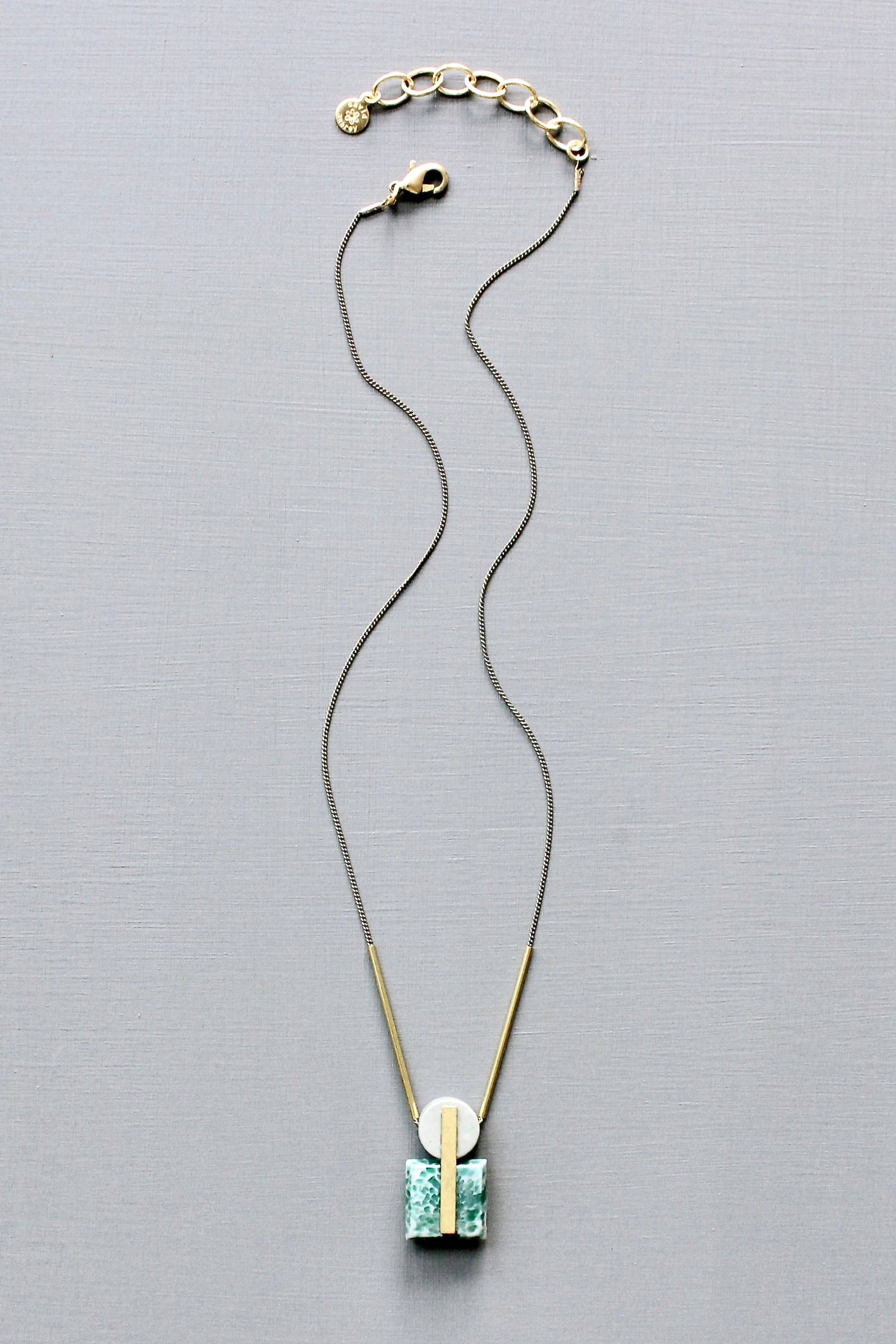 JLT117 vintage glass and gray jasper geometric necklace