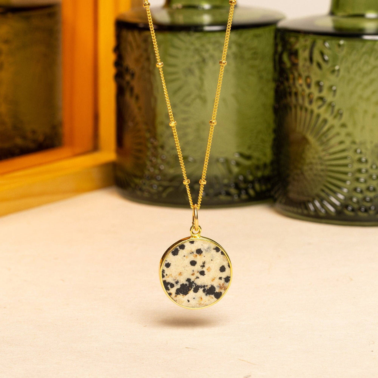 Dalmatian Jasper Gold Disc Necklace (Satellite Chain)