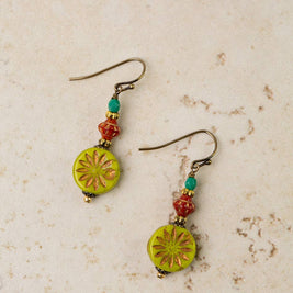 Czech Glass Lime Flower Print Simple Earrings