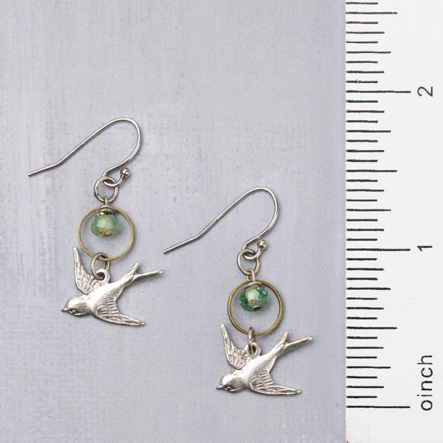 Venetian Dreams Czech Glass With Antique Silver Plated Brass Flying Sparrow Dangle Earrings