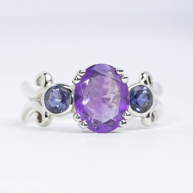 Amethyst Iolite Three Stone Sterling Silver Ring - Size 8