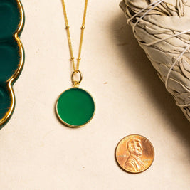 Green Onyx Coin Gold Pendant Necklace and Earrings Set