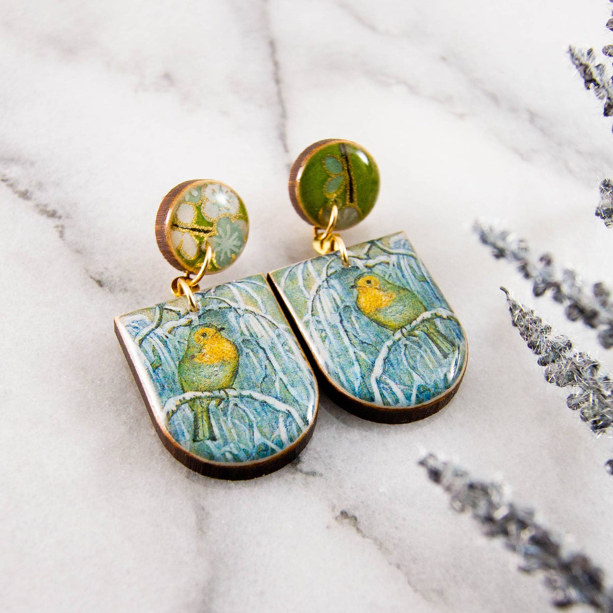Watercolor Aqua + Yellow Bird Drop Post Earrings