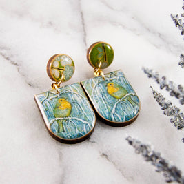 Watercolor Aqua + Yellow Bird Drop Post Earrings