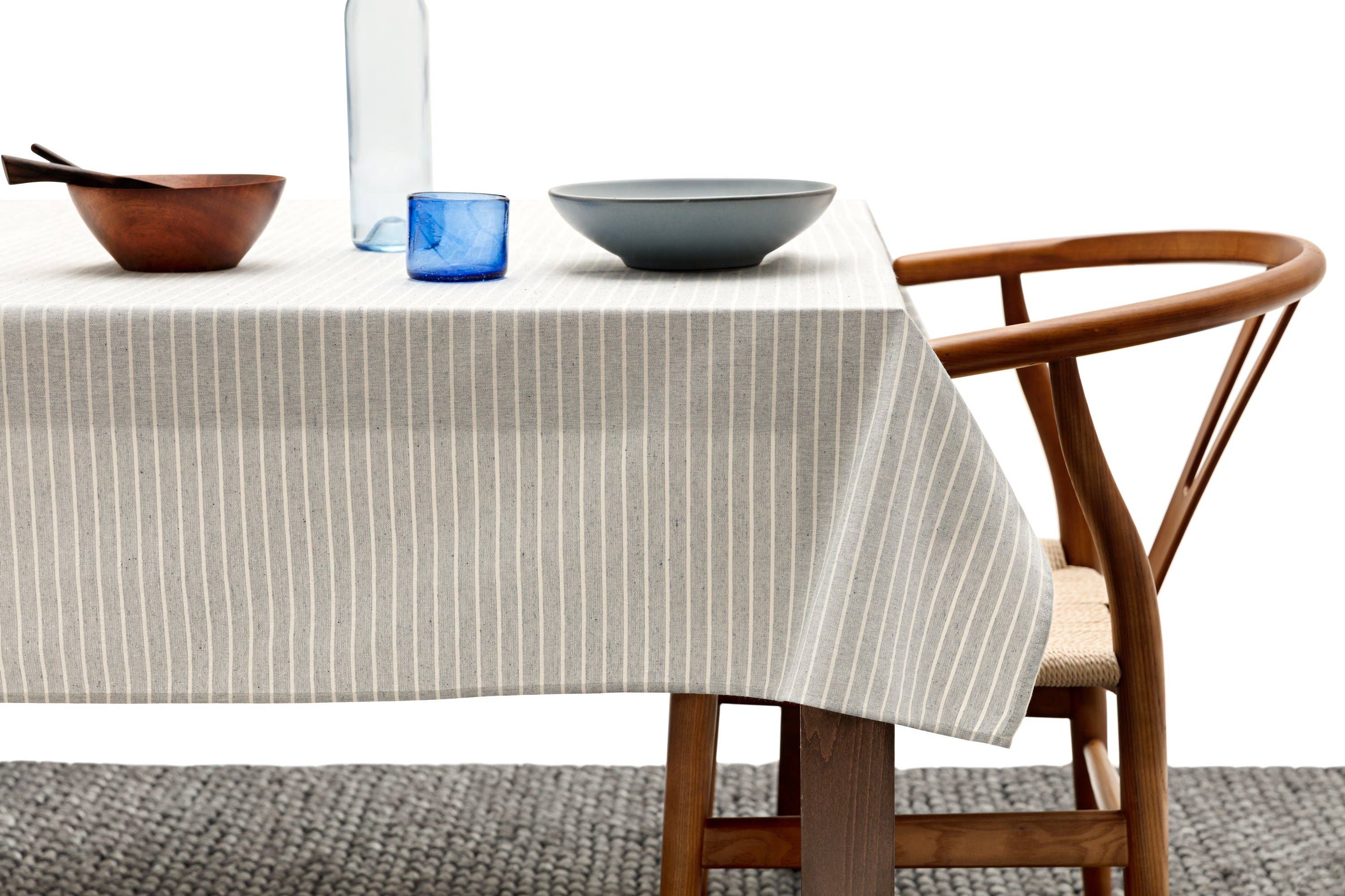 Dusty Blue Striped Tablecloth - Upcycled Cotton