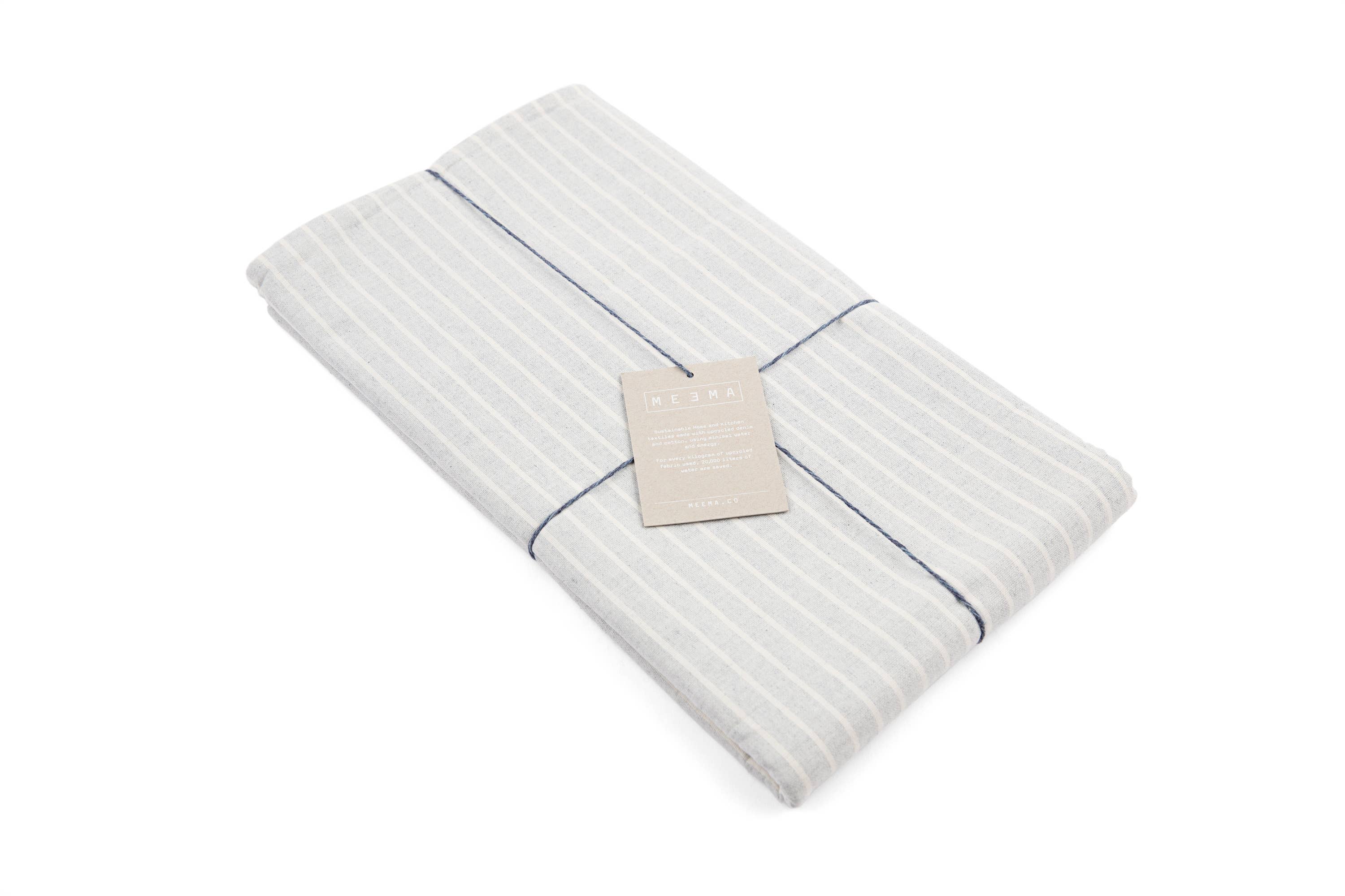 Dusty Blue Striped Tablecloth - Upcycled Cotton