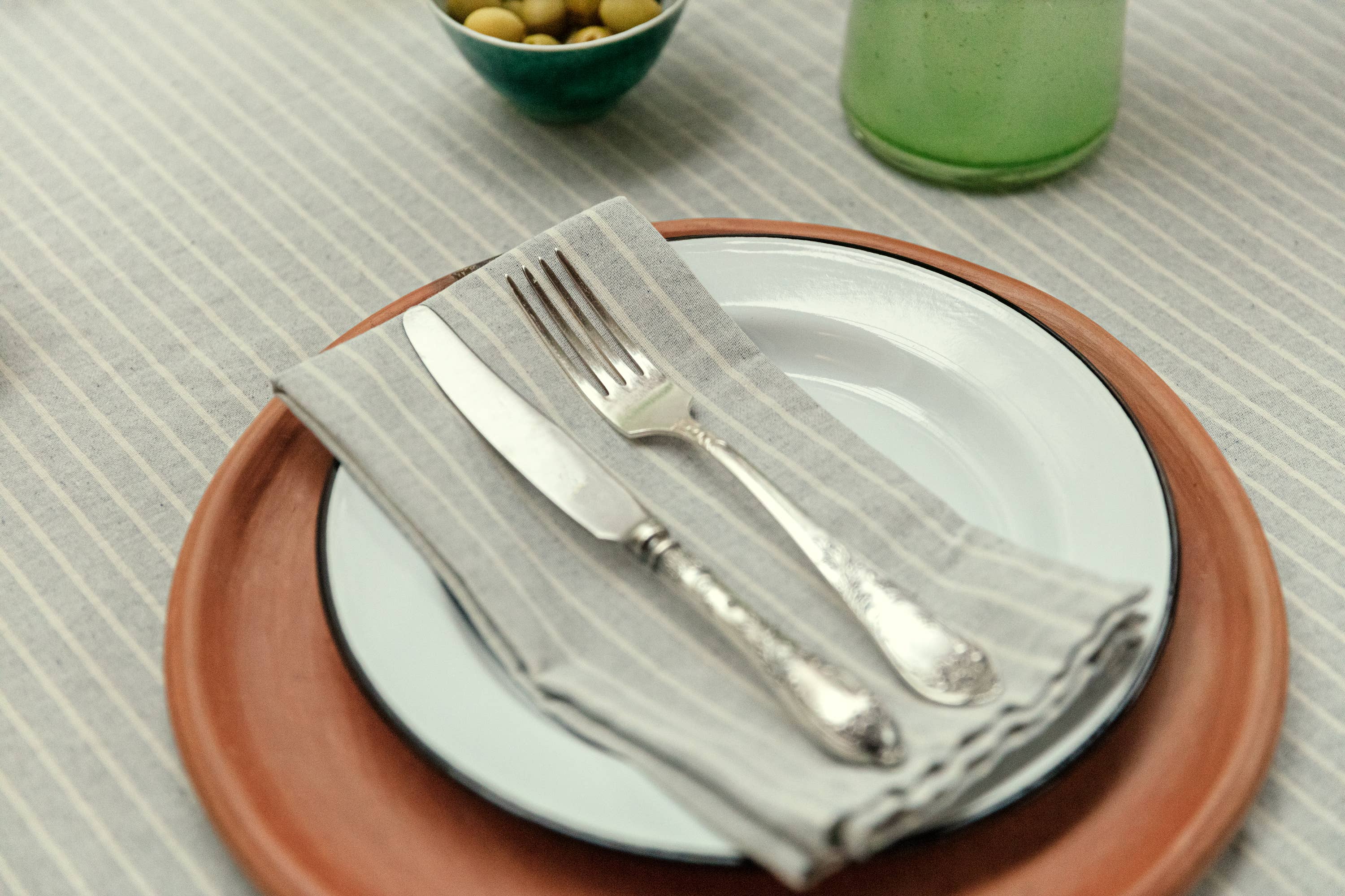 Blue Cloth Napkins with Modern Stripes – Recycled Cotton Set