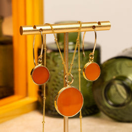 Red Onyx Circles Earrings and Necklace Set (Satellite Chain)