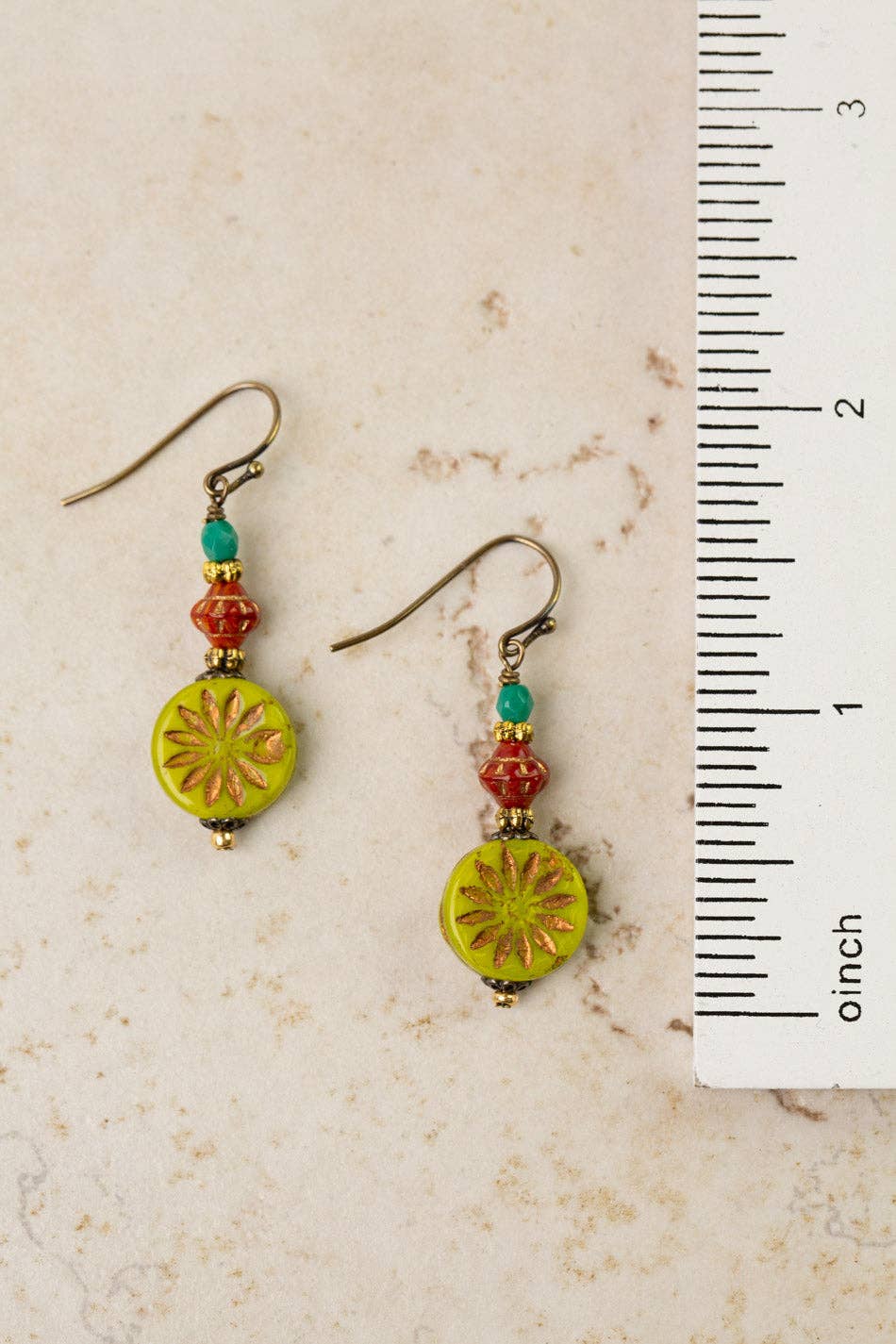 Czech Glass Lime Flower Print Simple Earrings