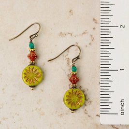 Czech Glass Lime Flower Print Simple Earrings