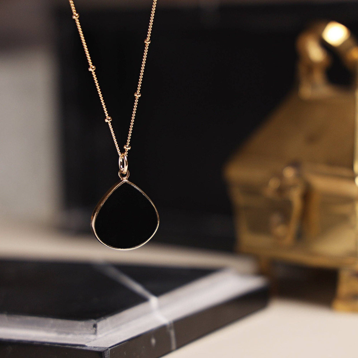 Black Onyx Drop Gold Pendant Necklace (Satellite Chain)