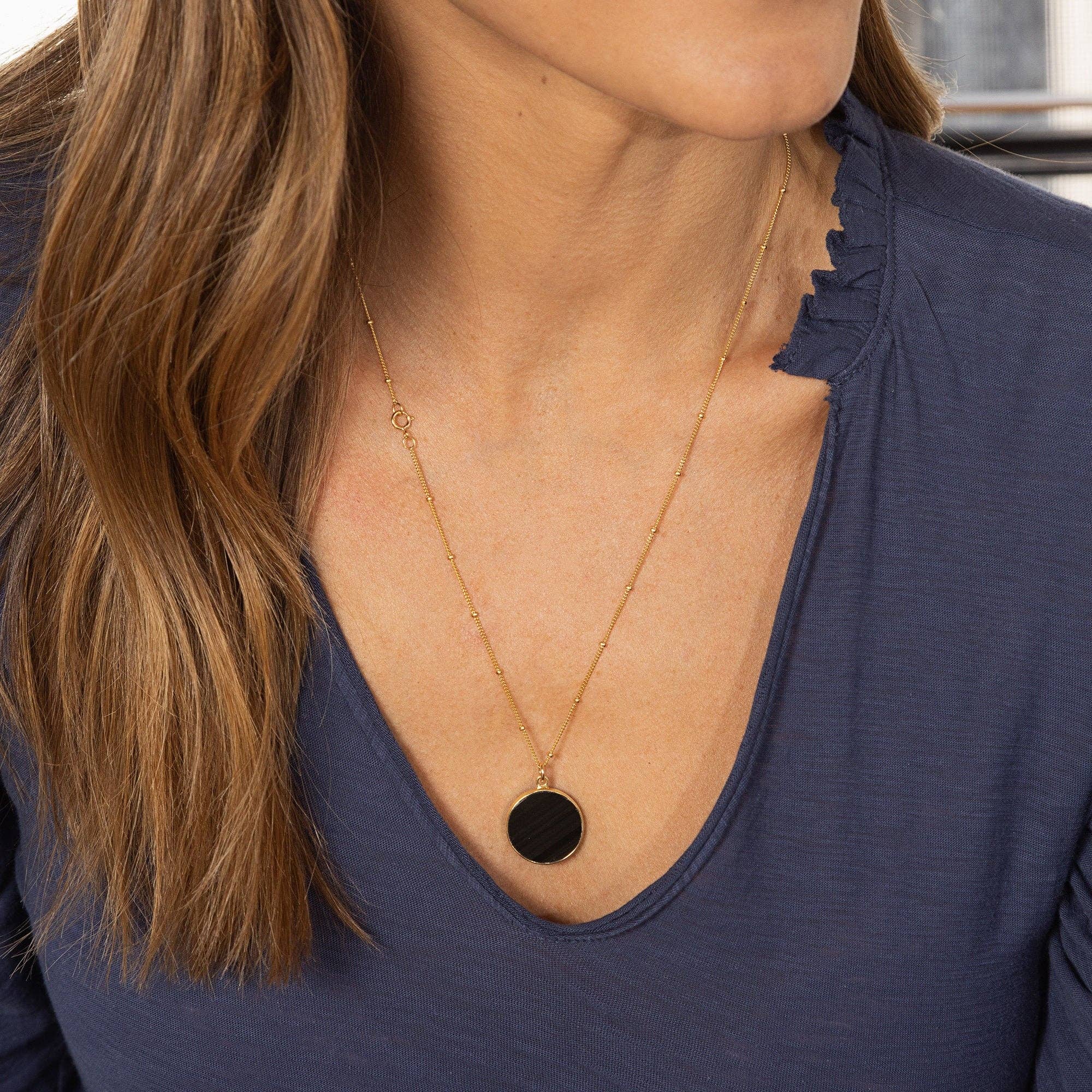 Black Obsidian Gold Circle Necklace (Satellite Chain)