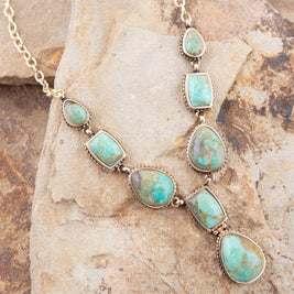 Genuine Blue Turquoise Roped Golden Bronze Y Necklace
