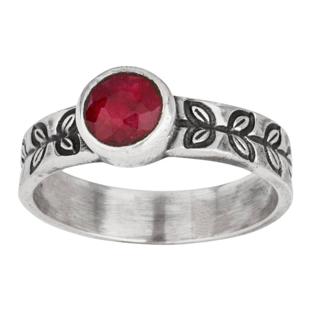 Round Ruby Petal Stamped Sterling Silver Band Ring