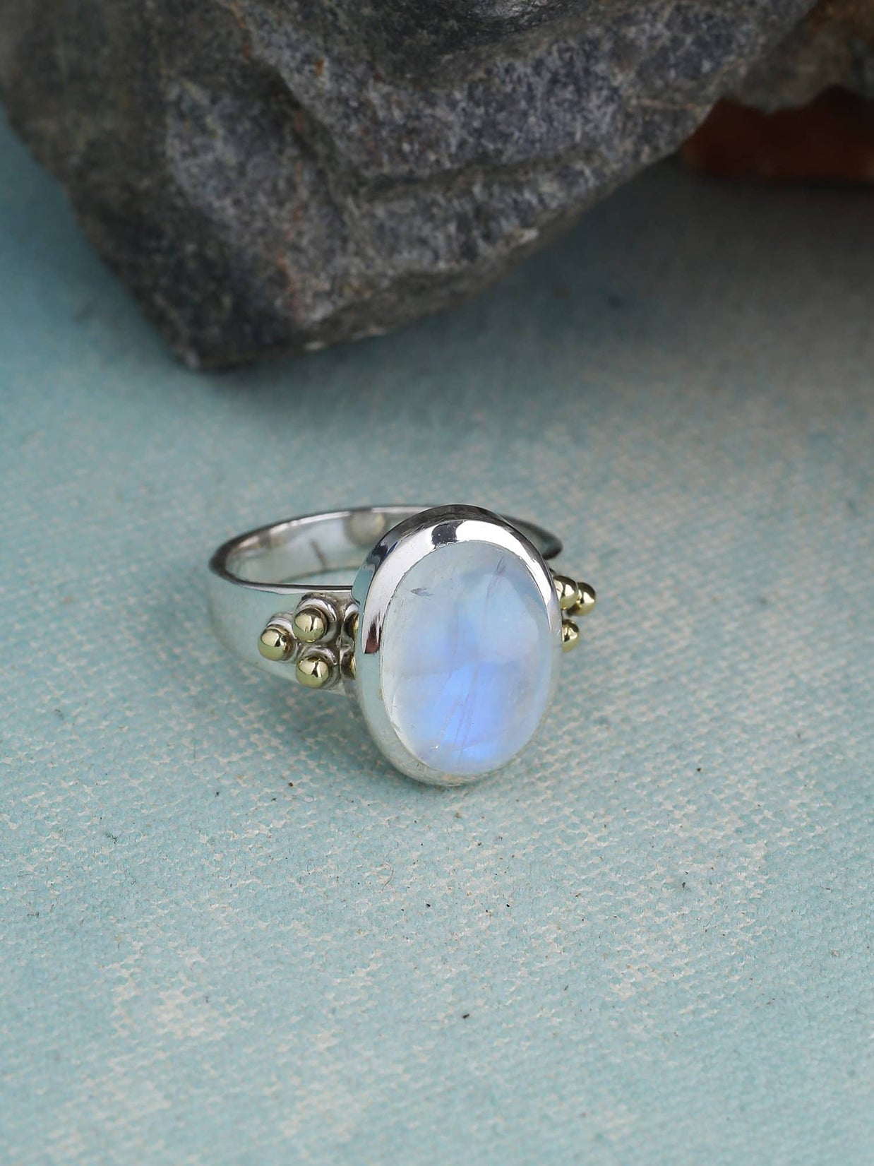 Moonstone Solitaire Silver Ring w/ Brass Accent - Size 9