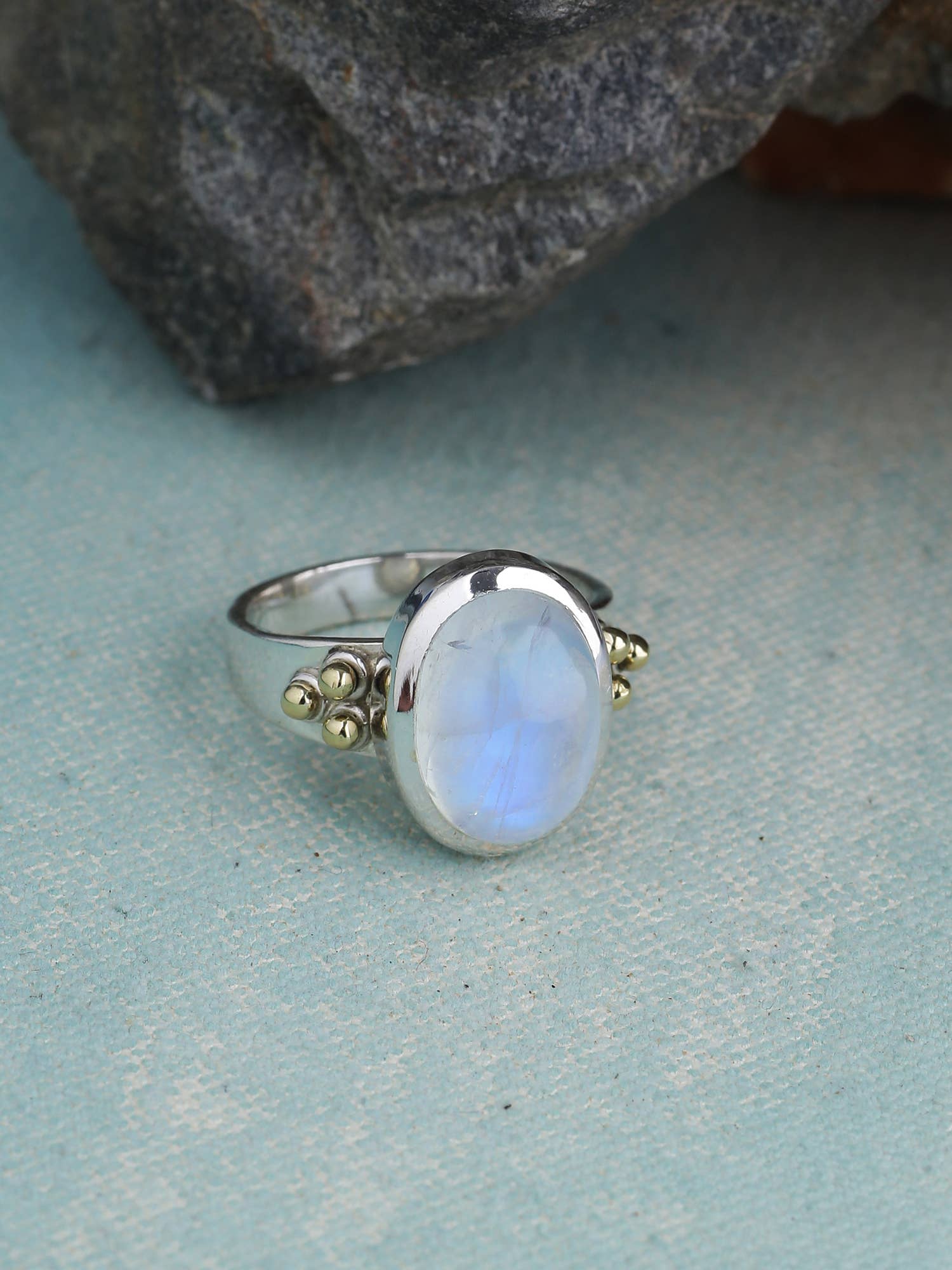Moonstone Solitaire Silver Ring w/ Brass Accent - Size 9