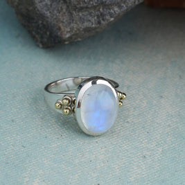 Moonstone Solitaire Silver Ring w/ Brass Accent - Size 9