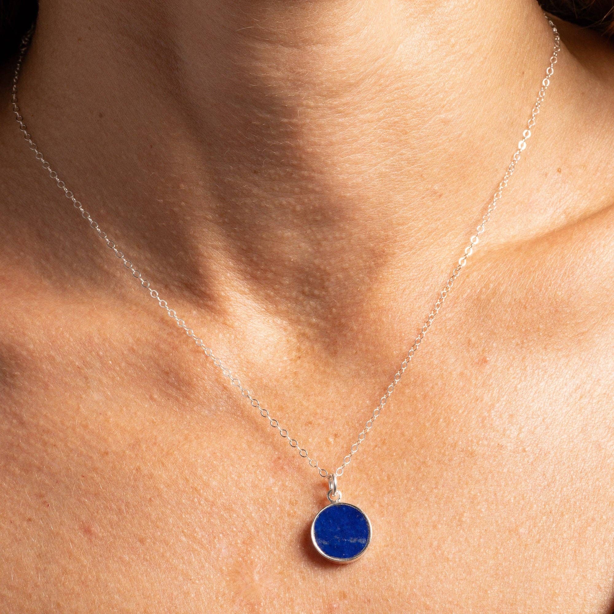 Lapis Lazuli 925 Sterling Silver Circle Shape Pendant on Cable Chain