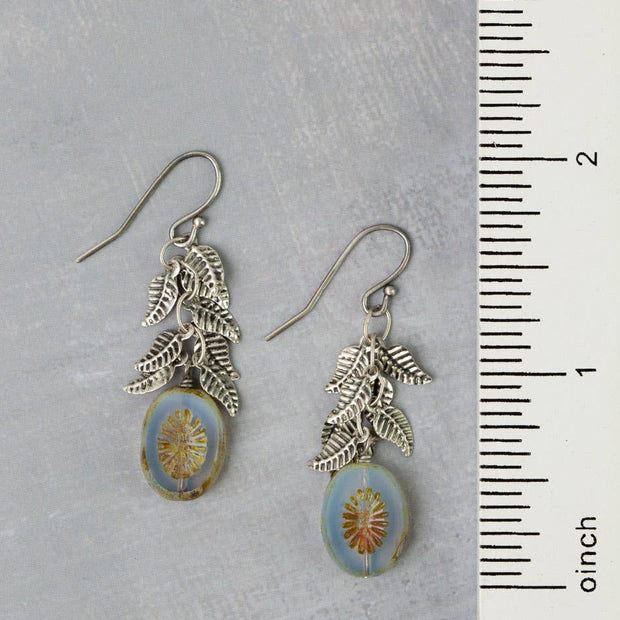 Venetian Dreams Antique Silver Plated Brass Leaves With Long Czech Glass Green Oval Dangle Earrings