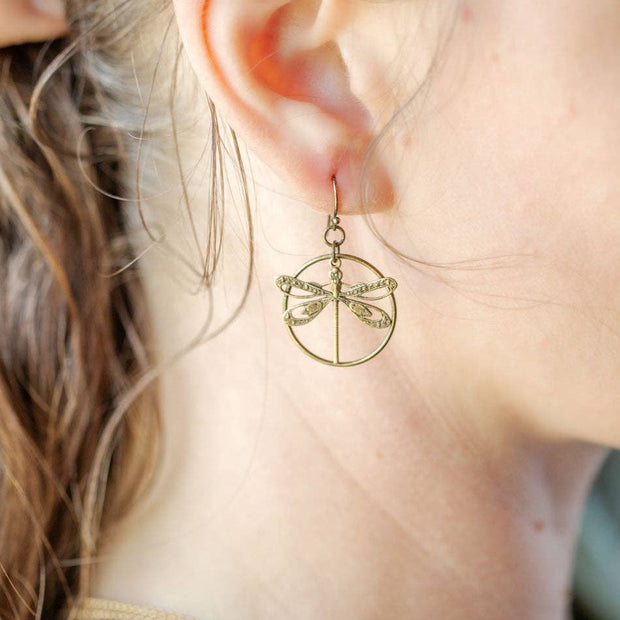 Enlighten Antique Brass Filigree Dragonfly Simple Earrings