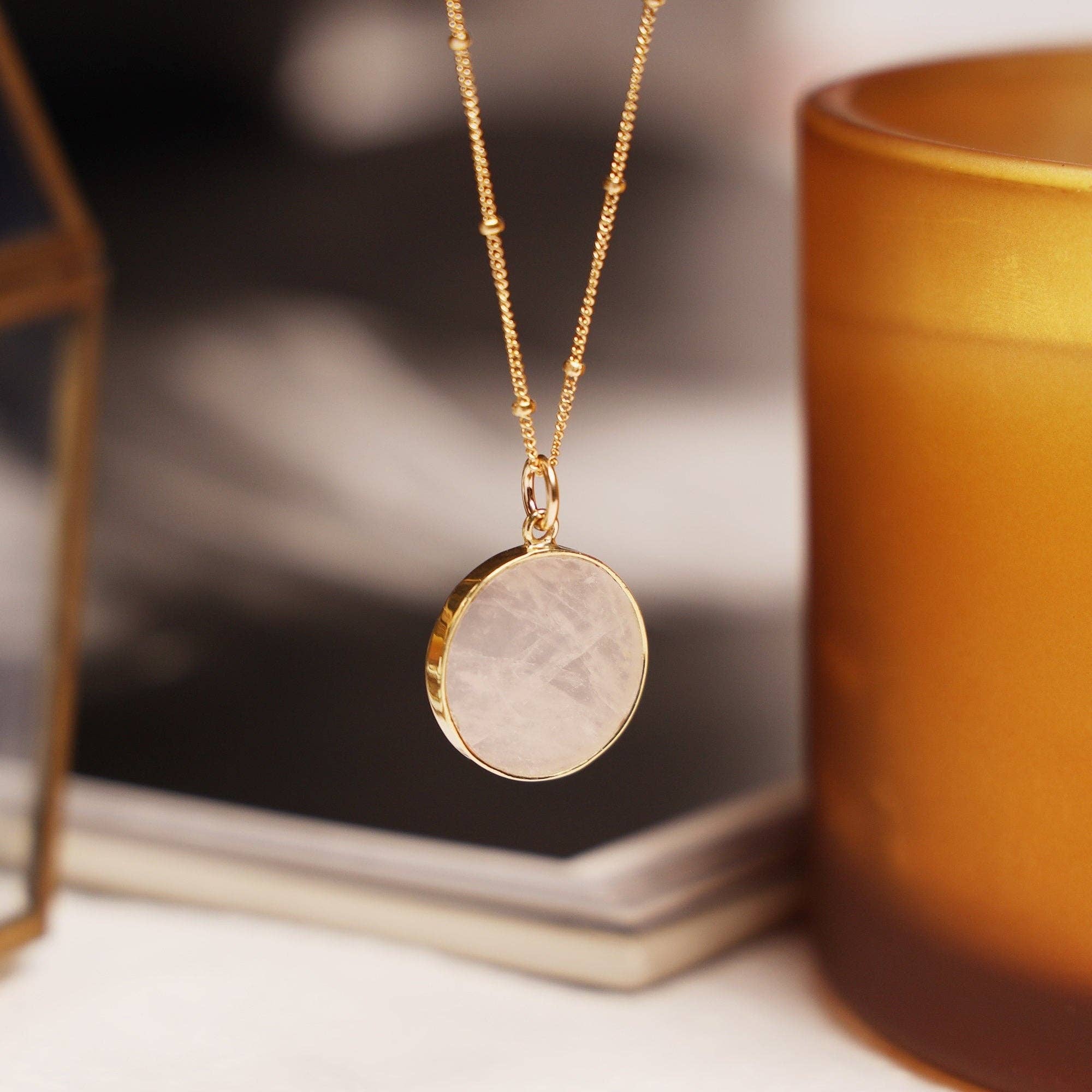 Rose Quartz Round Disc Gold Necklace (Satellite Chain)