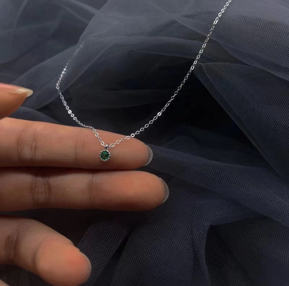 Dainty Round Emerald Color Pendant Necklace in 925 Sterling Silver