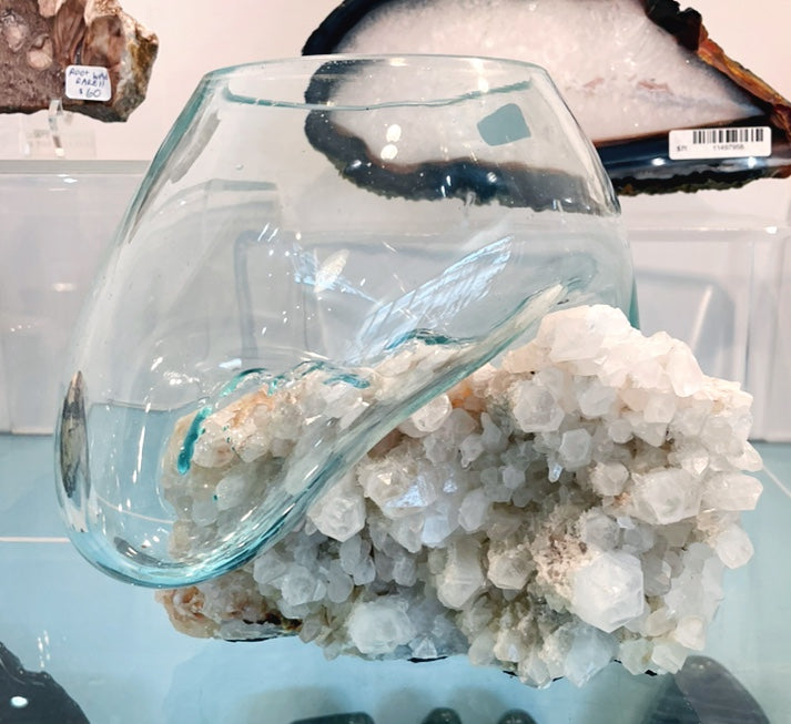 Hand Blown Melted Glass Vase on Quartz Crystal Cluster - Round Bowl