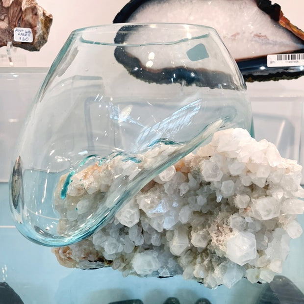 Hand Blown Melted Glass Vase on Quartz Crystal Cluster - Round Bowl