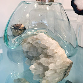 Hand Blown Melted Glass Vase on Quartz Crystal Cluster - Round Bowl