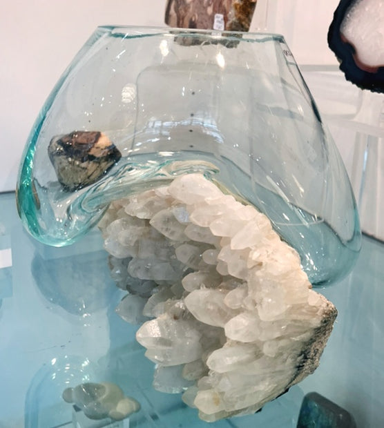 Hand Blown Melted Glass Vase on Quartz Crystal Cluster - Round Bowl