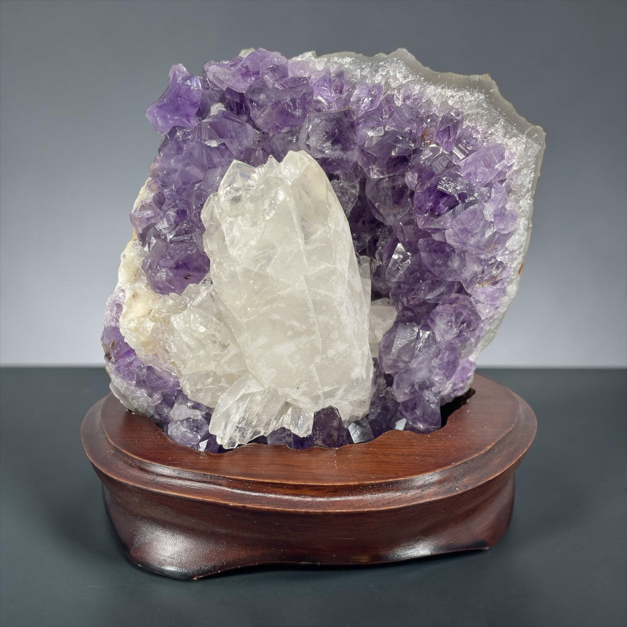 Beautiful Amethyst with Crystal on Wood Base