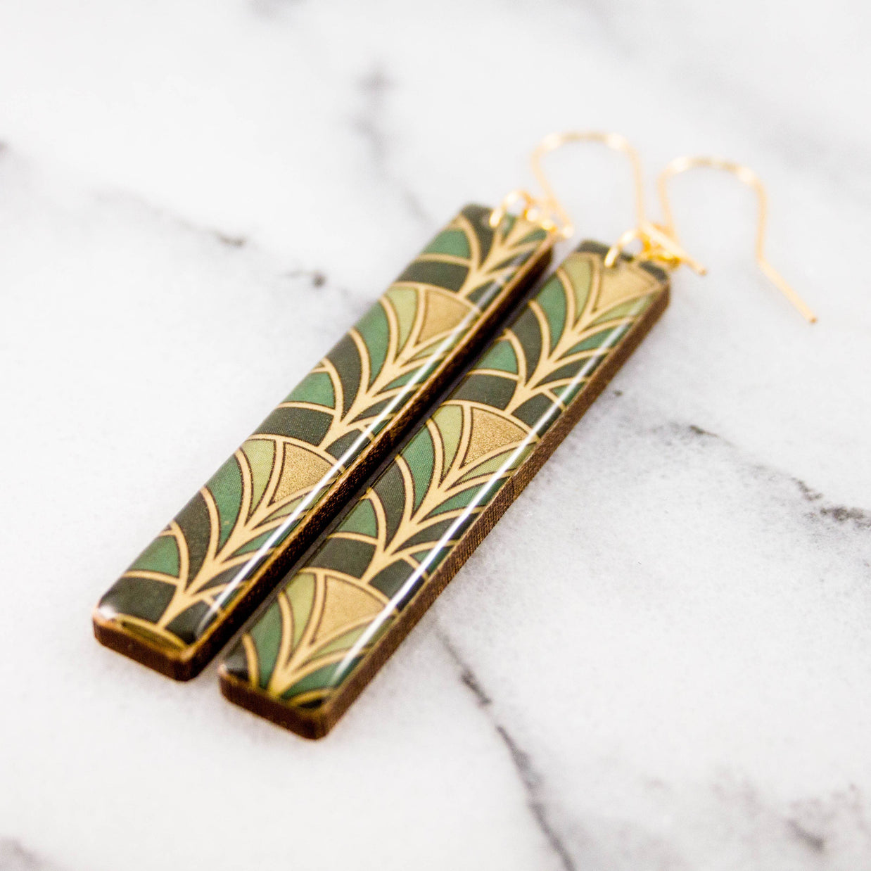 Green + Gold Deco Bar Earrings