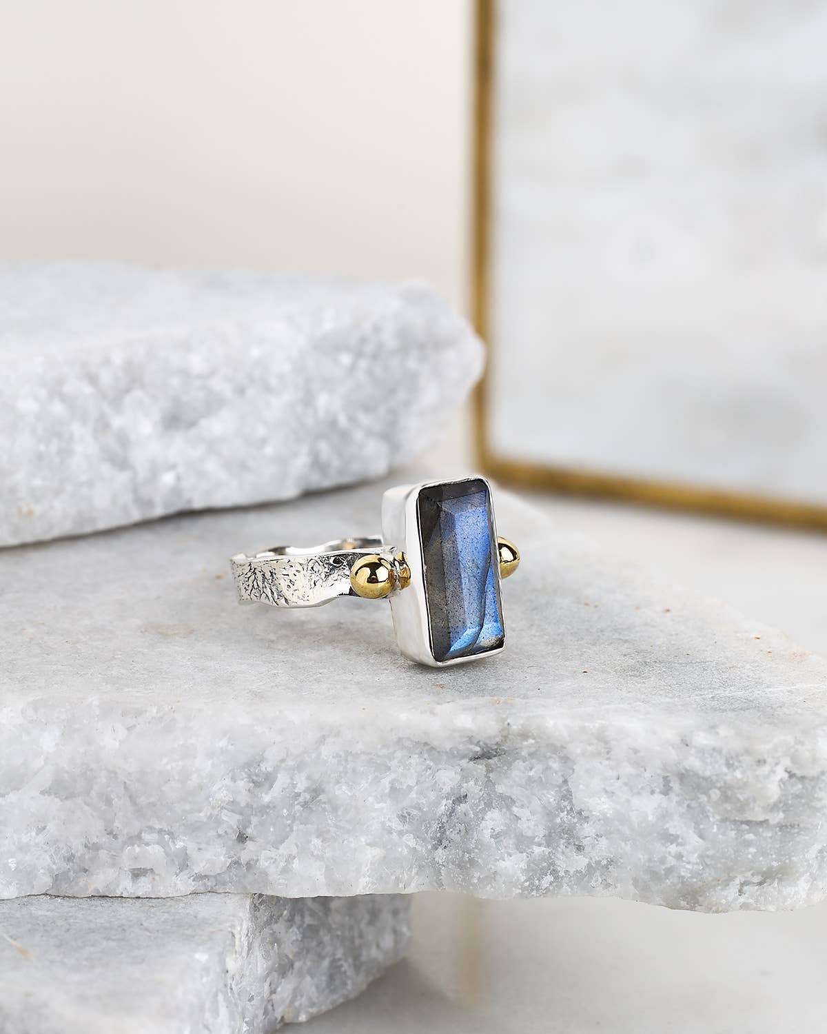 Labradorite Sterling Silver Ring with Brass Accents - Size 8