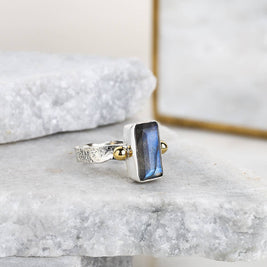 Labradorite Sterling Silver Ring with Brass Accents - Size 8