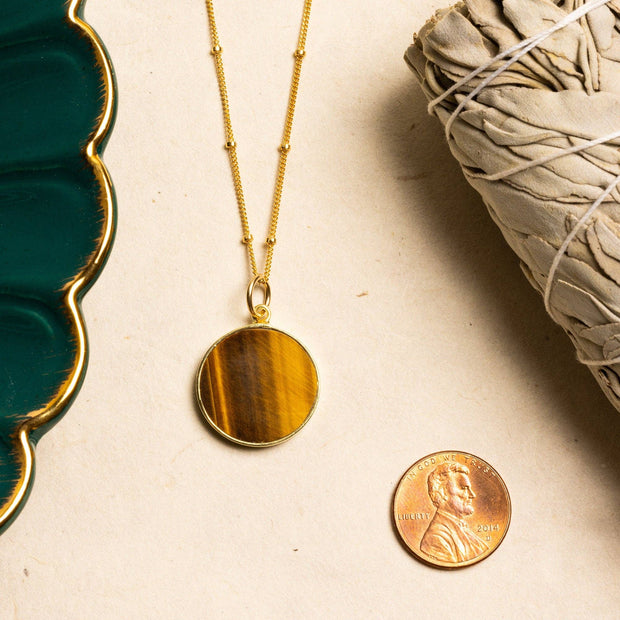 Tiger's Eye Round Circle Necklace and Earrings Set (Satellite Chain)