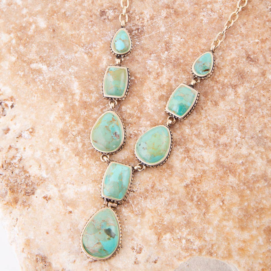 Genuine Blue Turquoise Roped Golden Bronze Y Necklace