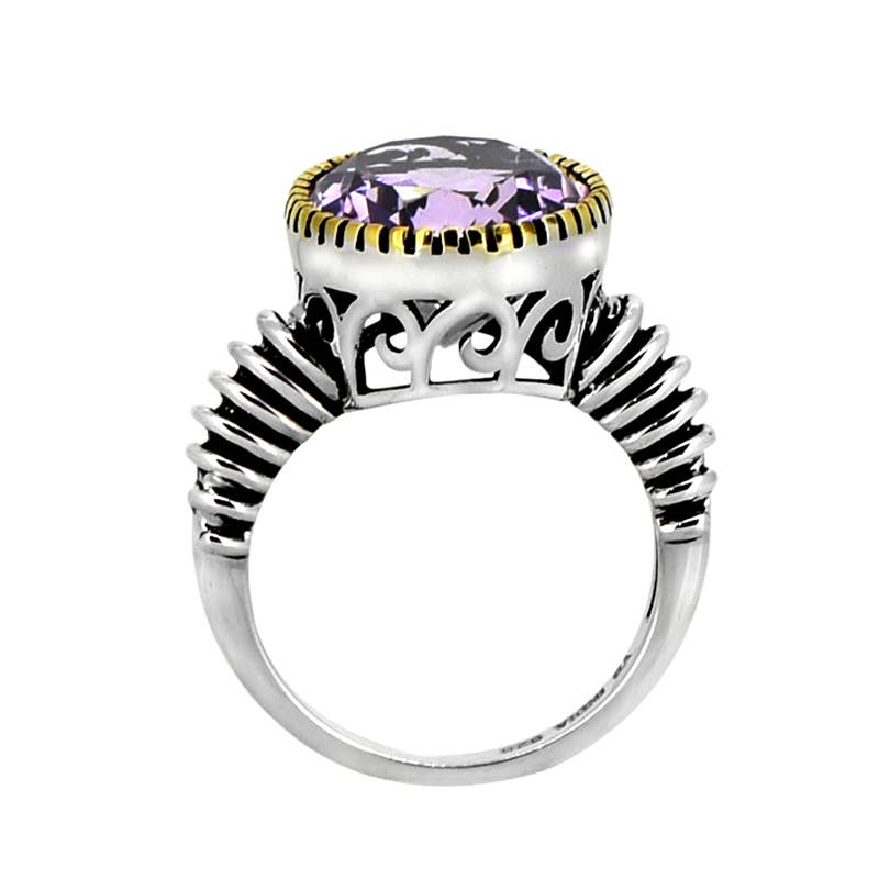 Oval Amethyst w/ Pen Plating and Ribbed Band Silver Ring - Size 9