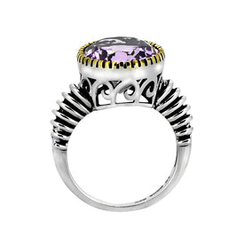 Oval Amethyst w/ Pen Plating and Ribbed Band Silver Ring - Size 9