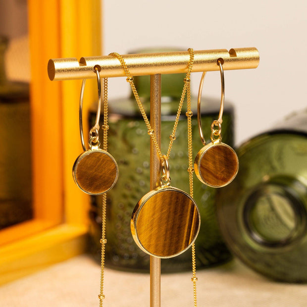 Tiger's Eye Round Circle Necklace and Earrings Set (Satellite Chain)