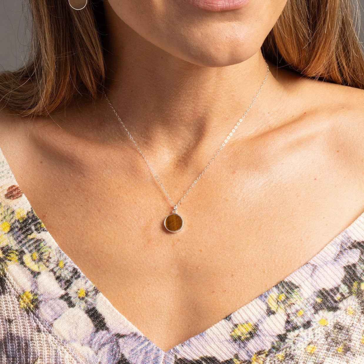 Tiger's Eye 925 Sterling Silver Round Disc Pendant on Cable Chain
