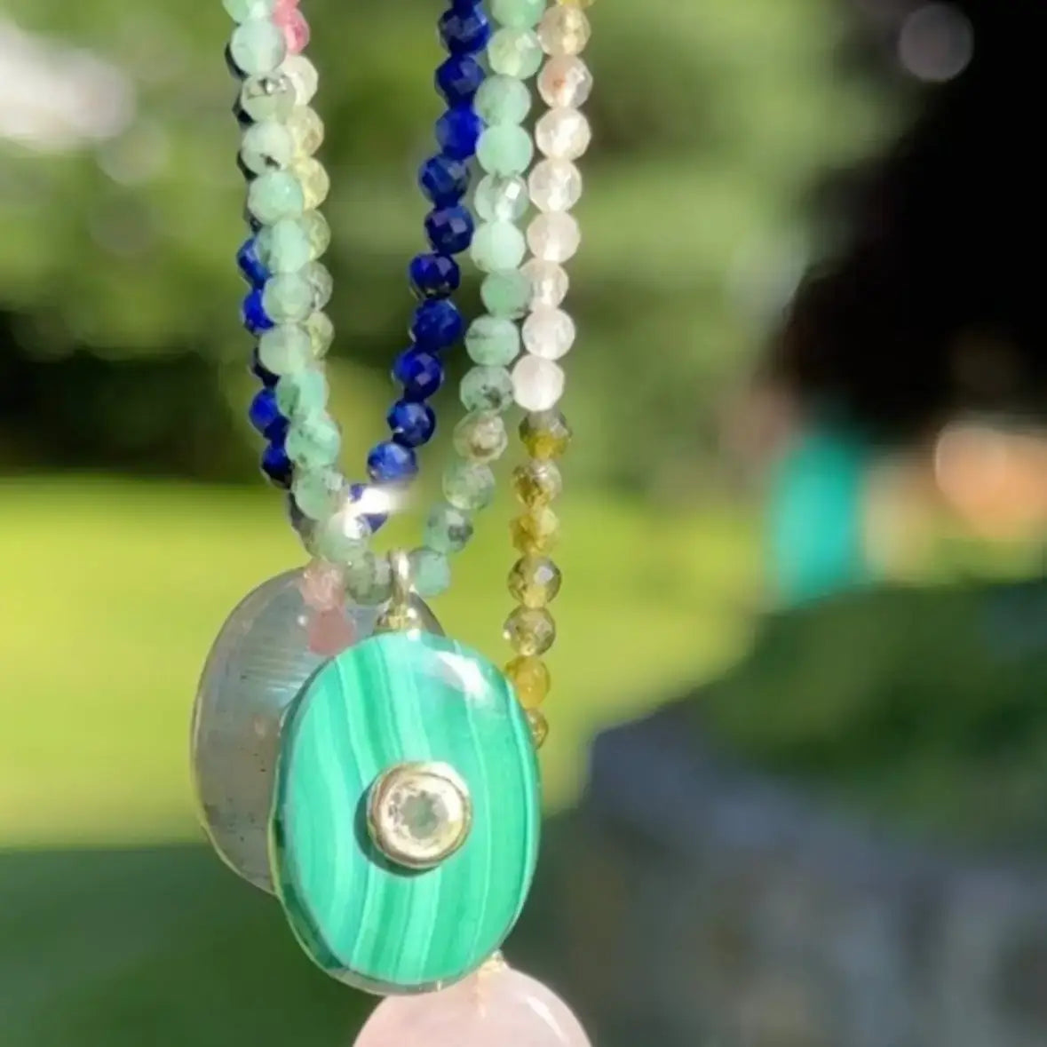 Triple Gemstone Beaded Choker-Malachite, Emerald & Topaz