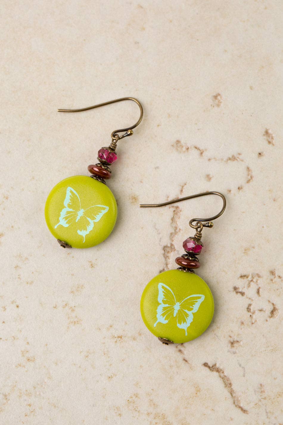 Czech Glass Lime Butterfly Print Simple Earrings