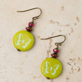 Czech Glass Lime Butterfly Print Simple Earrings