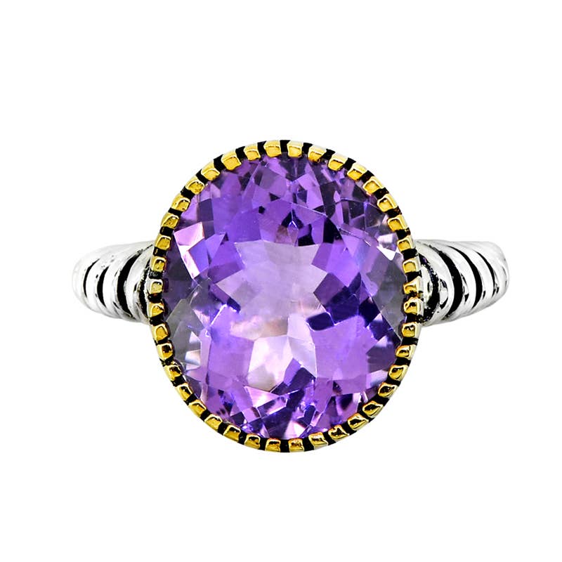 Oval Amethyst w/ Pen Plating and Ribbed Band Silver Ring - Size 9
