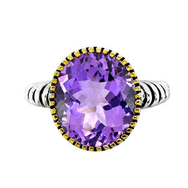 Oval Amethyst w/ Pen Plating and Ribbed Band Silver Ring - Size 9