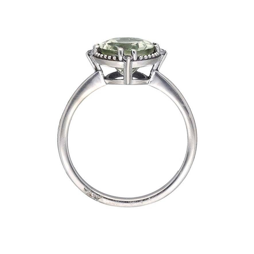 Green Amethyst w/ White Topaz and Silver Bead Accent Ring - Size 7.5