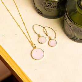 Pink Opal Disc Gold Earrings Necklace Set